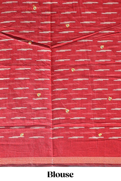 Beige chevron embroidery mirror work marsh mellow saree with contrast red border and printed blouse