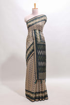 Beige chevron embroidery mirror work marsh mellow saree with contrast green border and printed blouse