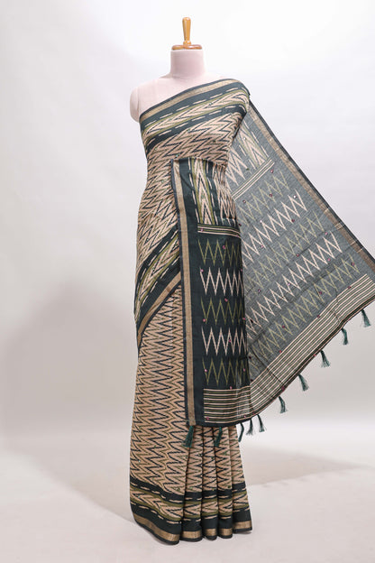 Beige chevron embroidery mirror work marsh mellow saree with contrast green border and printed blouse