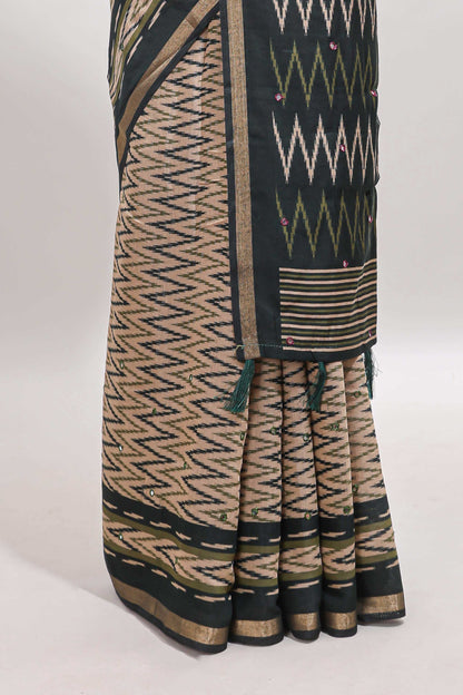 Beige chevron embroidery mirror work marsh mellow saree with contrast green border and printed blouse