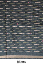 Beige chevron embroidery mirror work marsh mellow saree with contrast green border and printed blouse