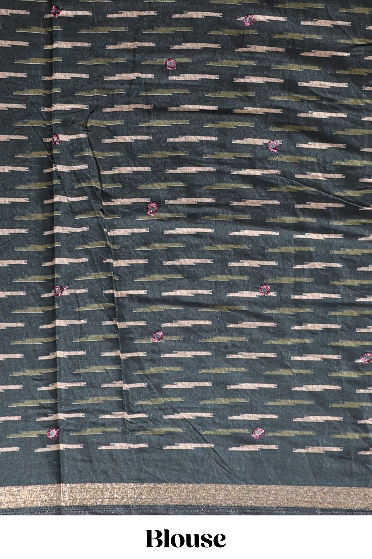 Beige chevron embroidery mirror work marsh mellow saree with contrast green border and printed blouse