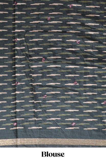 Beige chevron embroidery mirror work marsh mellow saree with contrast green border and printed blouse