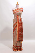 Beige chevron embroidery mirror work marsh mellow saree with contrast orange border and printed blouse