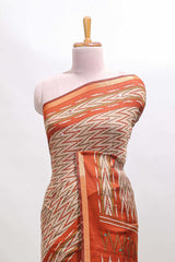 Beige chevron embroidery mirror work marsh mellow saree with contrast orange border and printed blouse