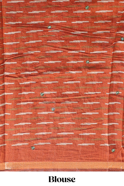 Beige chevron embroidery mirror work marsh mellow saree with contrast orange border and printed blouse
