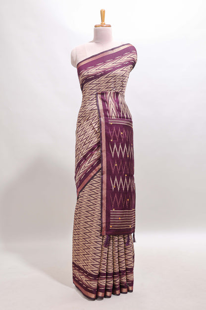 Beige chevron embroidery mirror work marsh mellow saree with contrast purple border and printed blouse