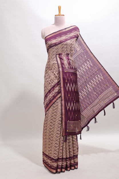 Beige chevron embroidery mirror work marsh mellow saree with contrast purple border and printed blouse