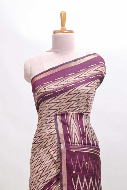 Beige chevron embroidery mirror work marsh mellow saree with contrast purple border and printed blouse