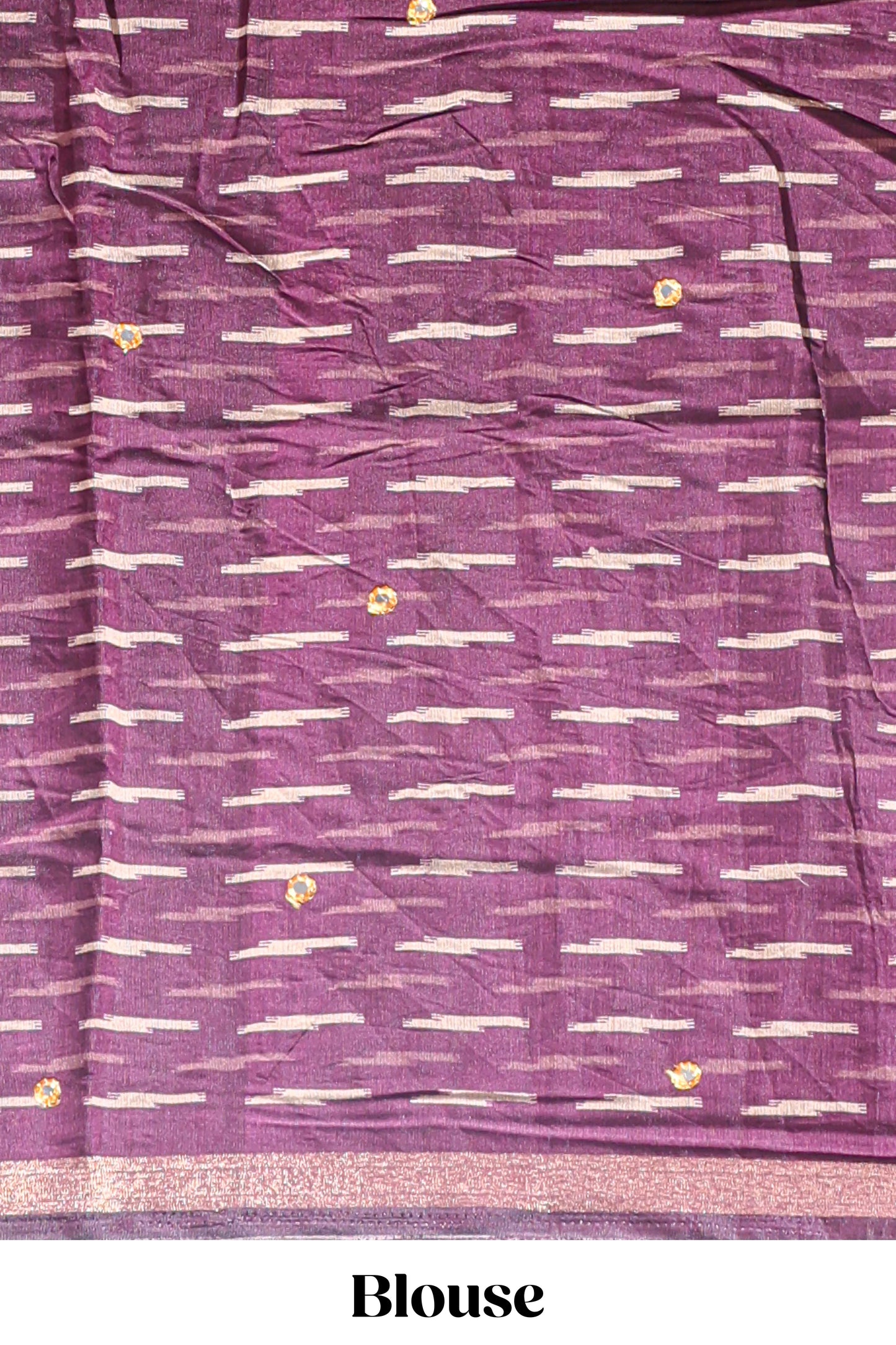 Beige chevron embroidery mirror work marsh mellow saree with contrast purple border and printed blouse