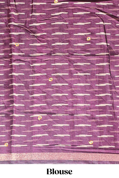 Beige chevron embroidery mirror work marsh mellow saree with contrast purple border and printed blouse
