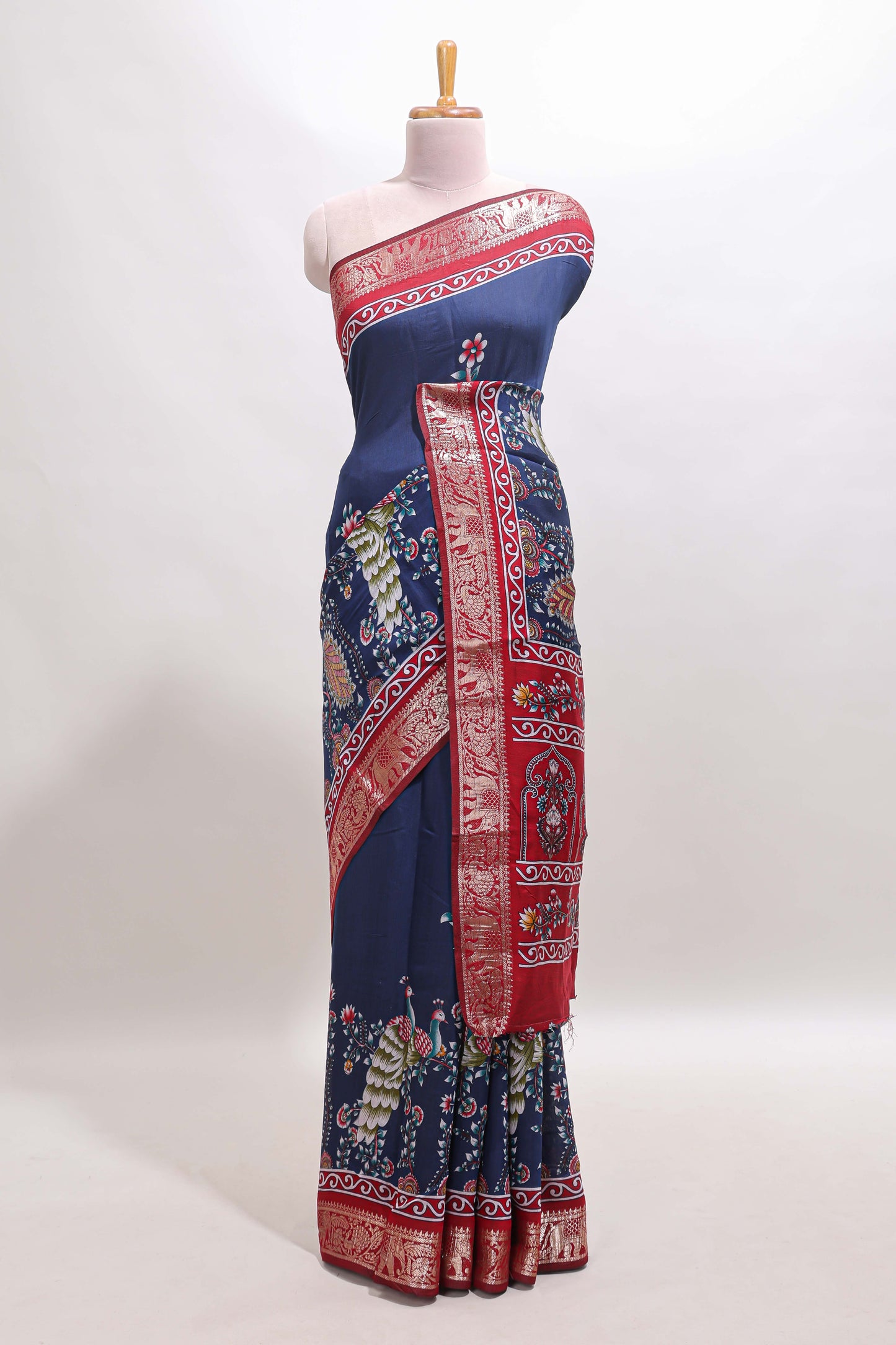 Blue peacock & floral design marsh mellow saree with contrast border and printed blouse
