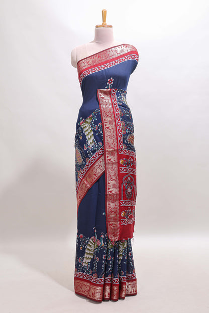 Blue peacock & floral design marsh mellow saree with contrast border and printed blouse