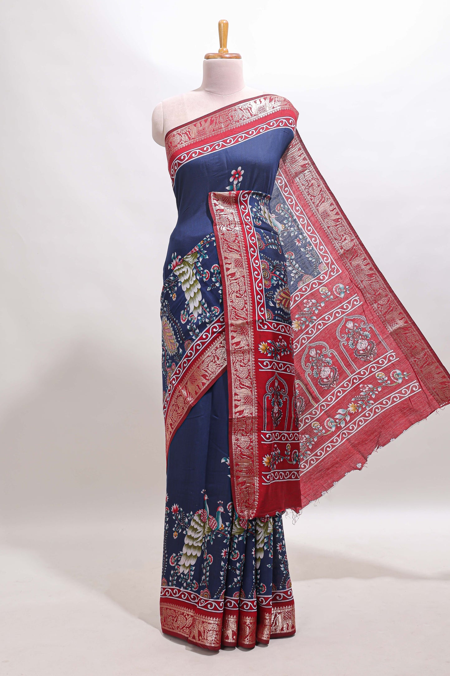 Blue peacock & floral design marsh mellow saree with contrast border and printed blouse
