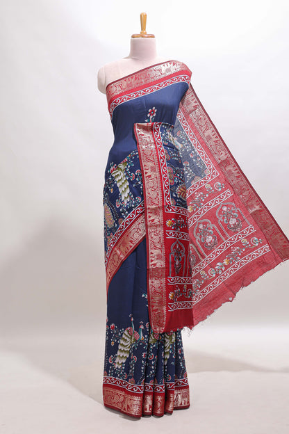 Blue peacock & floral design marsh mellow saree with contrast border and printed blouse