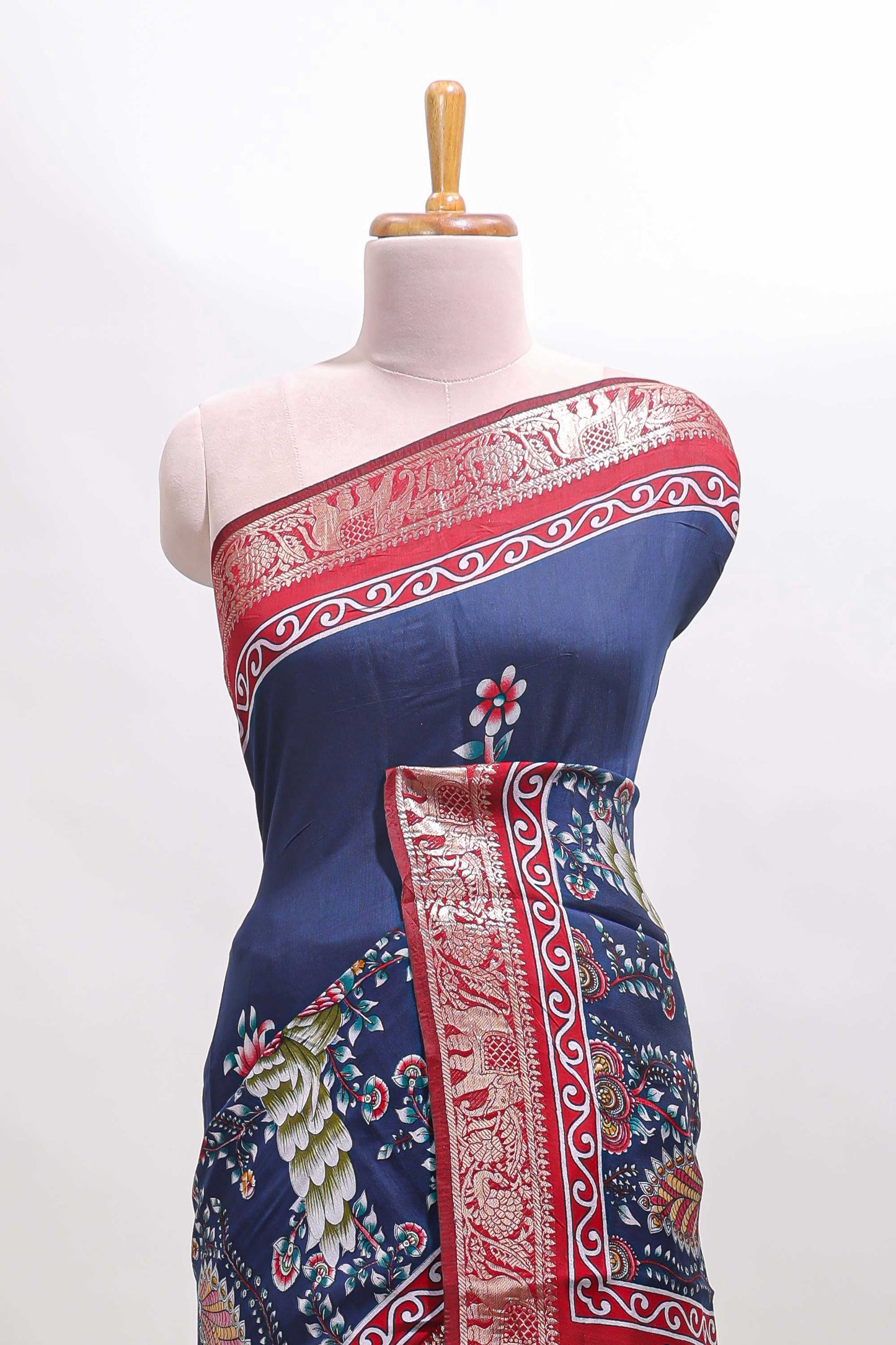 Blue peacock & floral design marsh mellow saree with contrast border and printed blouse