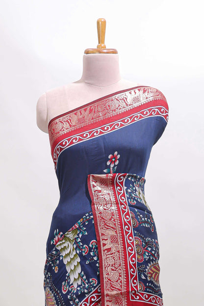 Blue peacock & floral design marsh mellow saree with contrast border and printed blouse