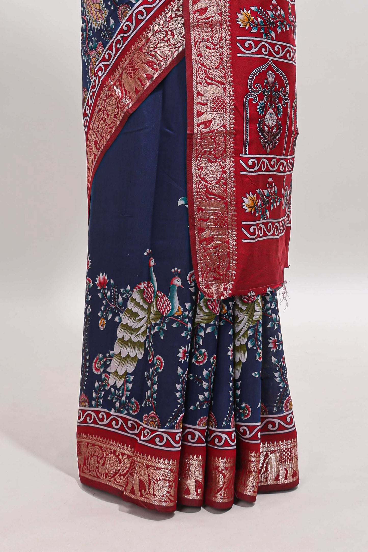Blue peacock & floral design marsh mellow saree with contrast border and printed blouse