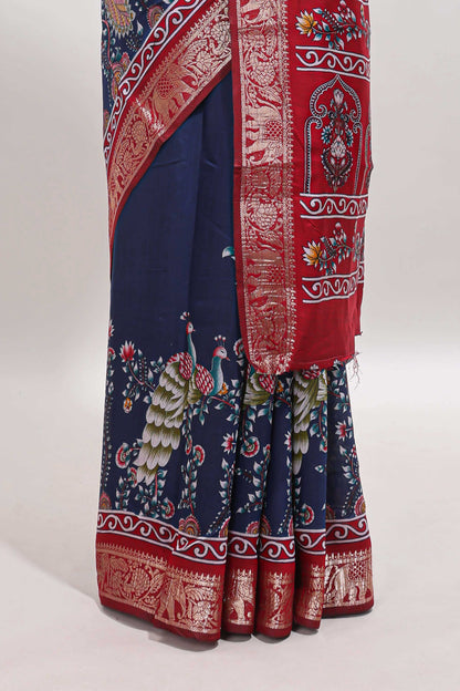 Blue peacock & floral design marsh mellow saree with contrast border and printed blouse