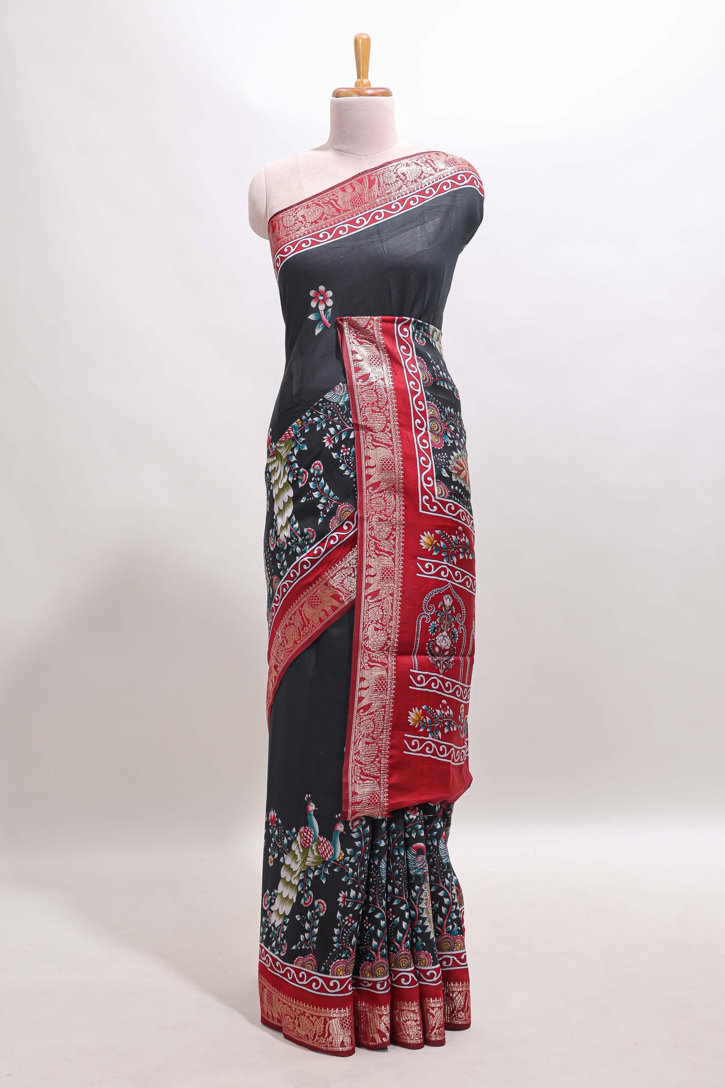Black peacock & floral design marsh mellow saree with contrast border and printed blouse