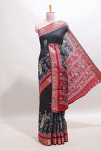 Black peacock & floral design marsh mellow saree with contrast border and printed blouse