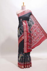 Black peacock & floral design marsh mellow saree with contrast border and printed blouse