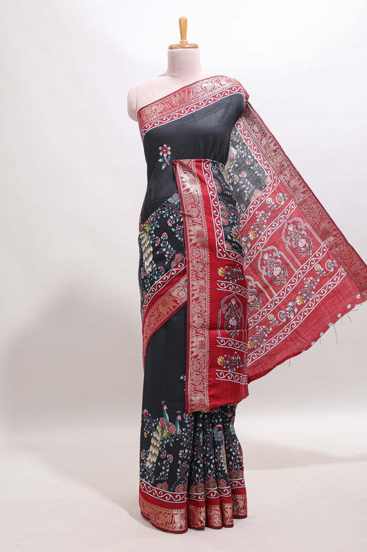 Black peacock & floral design marsh mellow saree with contrast border and printed blouse