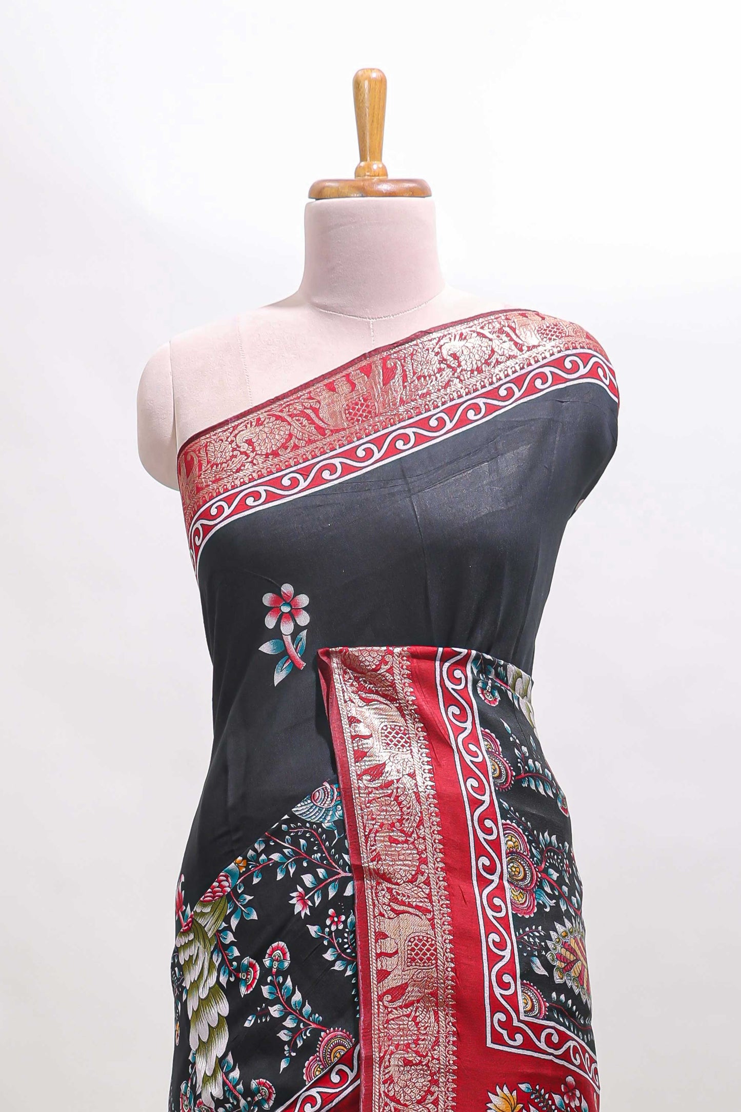 Black peacock & floral design marsh mellow saree with contrast border and printed blouse