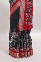 Black peacock & floral design marsh mellow saree with contrast border and printed blouse