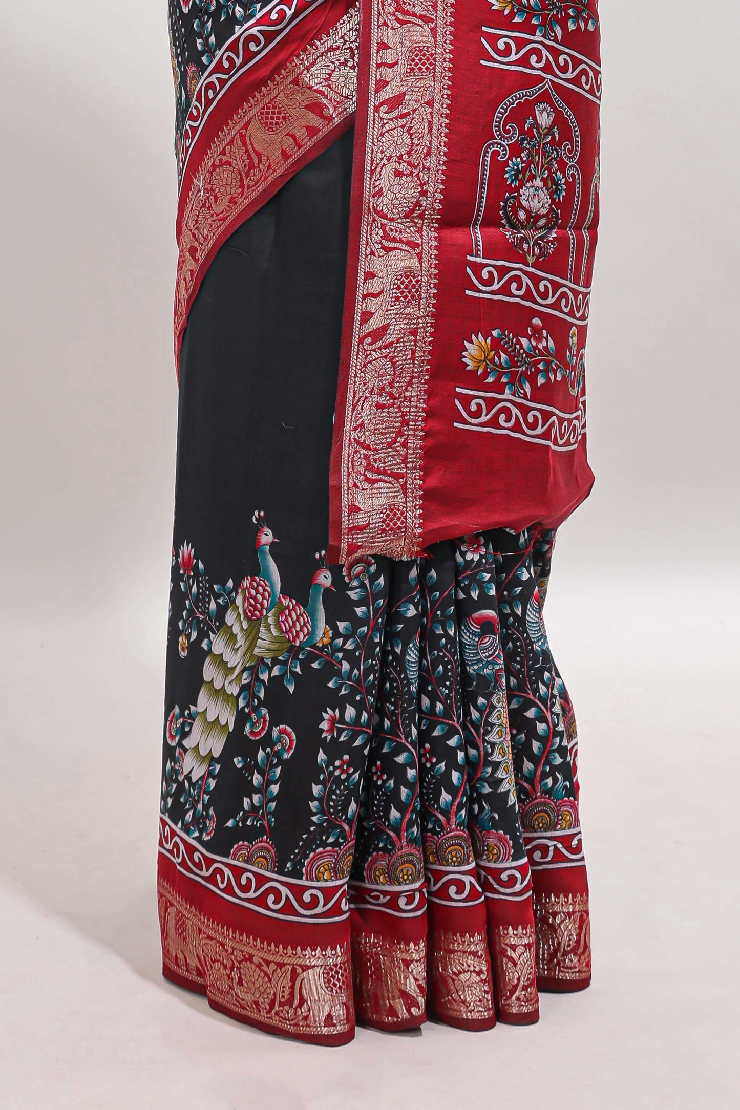 Black peacock & floral design marsh mellow saree with contrast border and printed blouse