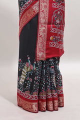 Black peacock & floral design marsh mellow saree with contrast border and printed blouse