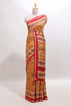 Mustard floral motifs design marsh mellow saree with contrast border and printed blouse