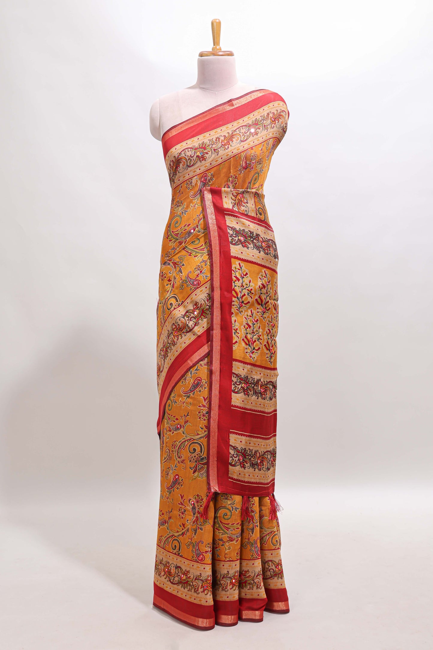 Mustard floral motifs design marsh mellow saree with contrast border and printed blouse