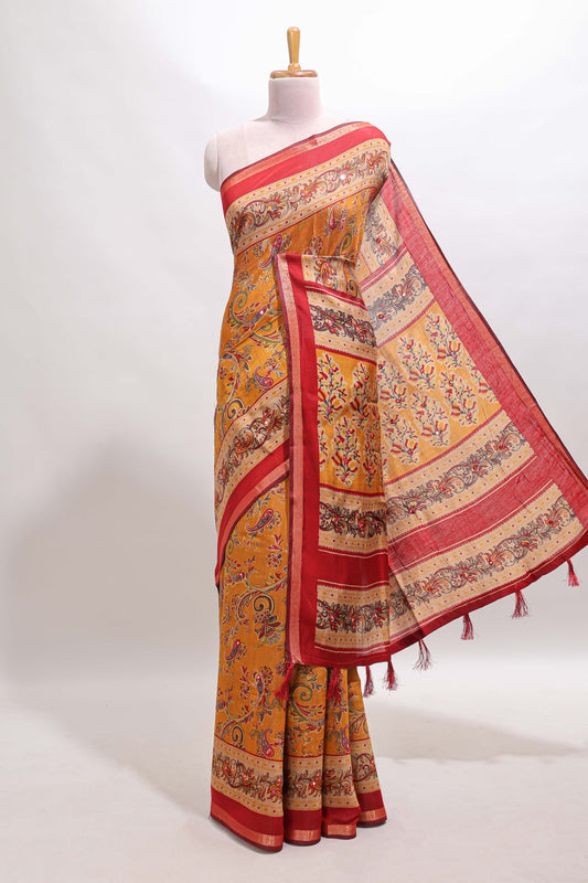 Mustard floral motifs design marsh mellow saree with contrast border and printed blouse