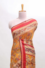 Mustard floral motifs design marsh mellow saree with contrast border and printed blouse