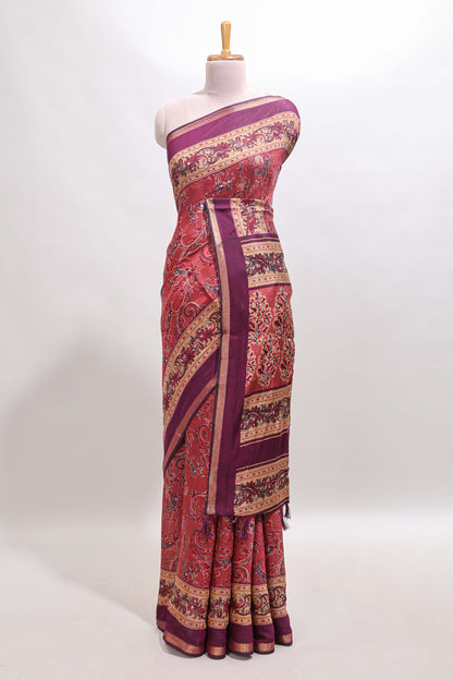 Onion pink floral motifs design marsh mellow saree with contrast border and printed blouse