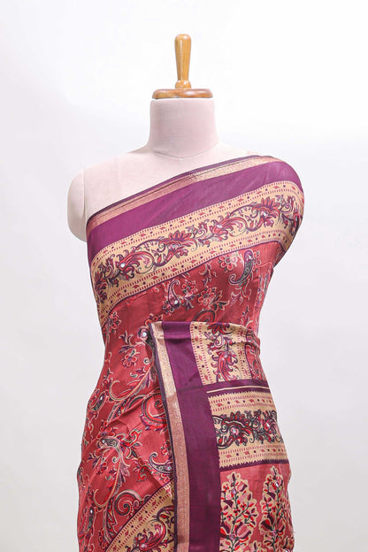 Onion pink floral motifs design marsh mellow saree with contrast border and printed blouse