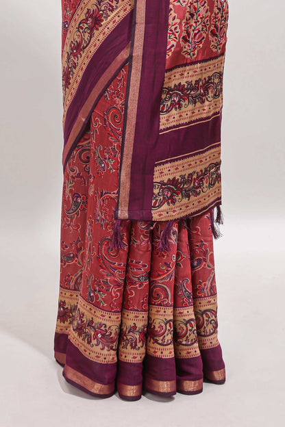 Onion pink floral motifs design marsh mellow saree with contrast border and printed blouse