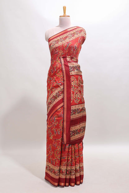 Red floral motifs design marsh mellow saree with contrast border and printed blouse