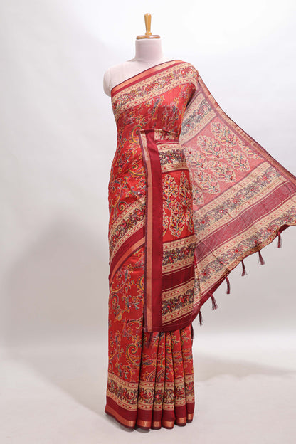 Red floral motifs design marsh mellow saree with contrast border and printed blouse