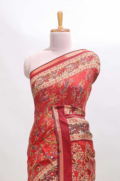 Red floral motifs design marsh mellow saree with contrast border and printed blouse