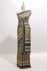 Green floral motifs design marsh mellow saree with contrast border and printed blouse