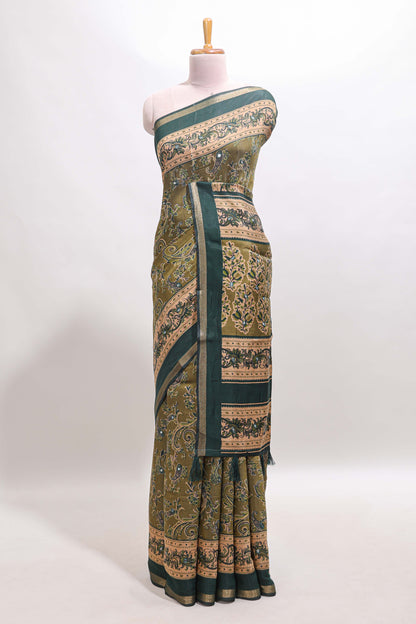Green floral motifs design marsh mellow saree with contrast border and printed blouse
