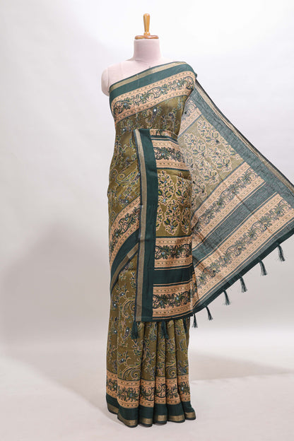 Green floral motifs design marsh mellow saree with contrast border and printed blouse
