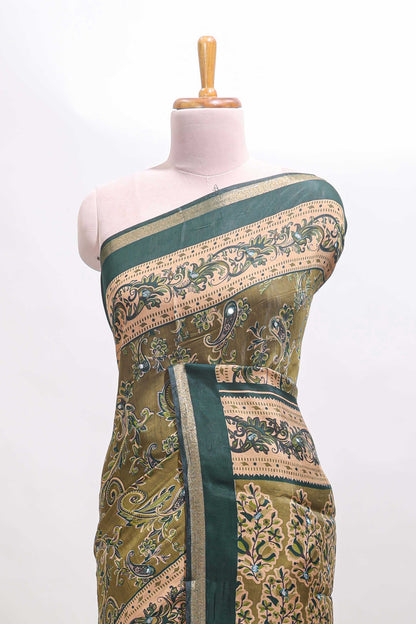 Green floral motifs design marsh mellow saree with contrast border and printed blouse