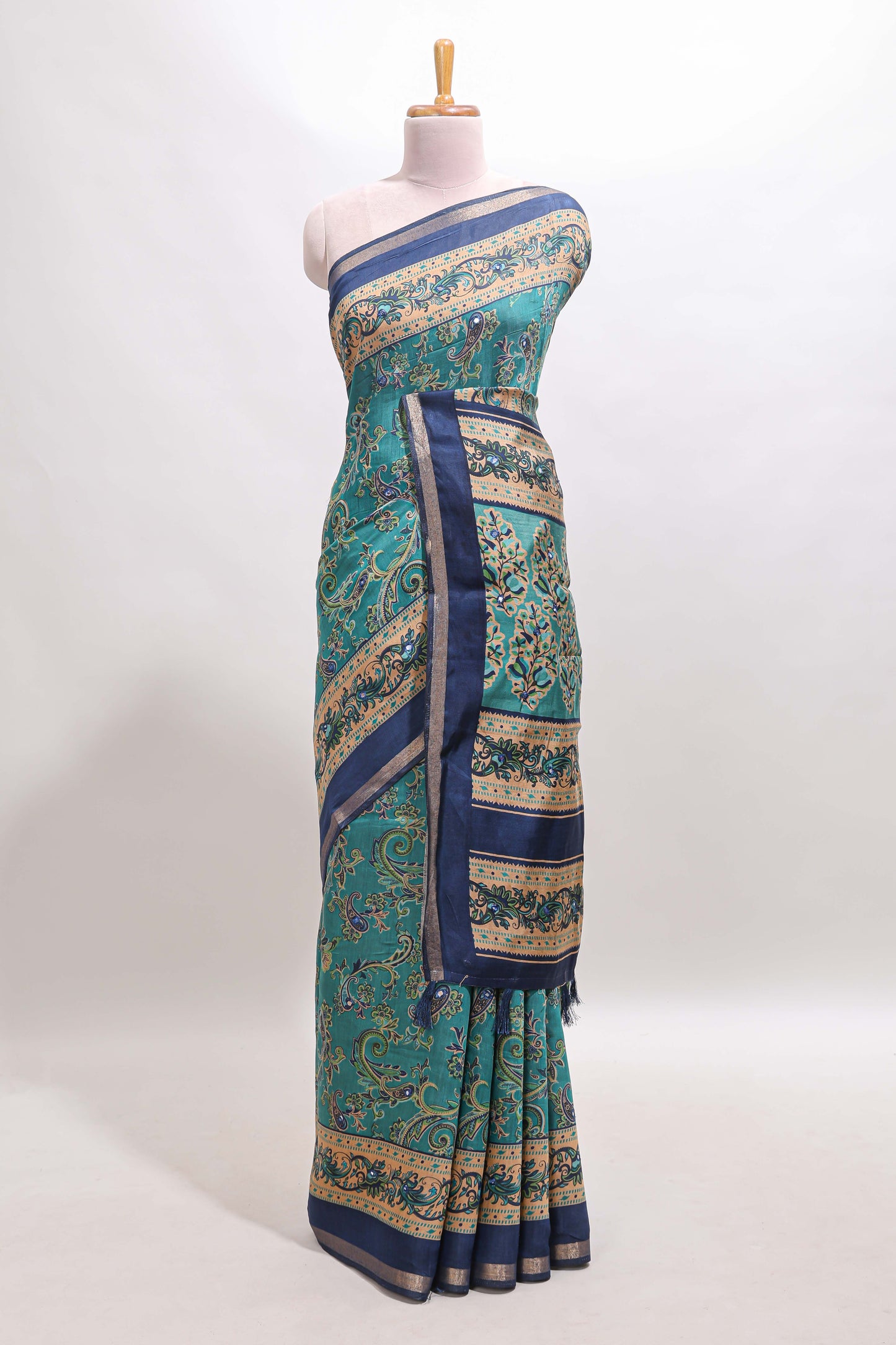 Peacock blue floral motifs design marsh mellow saree with contrast border and printed blouse