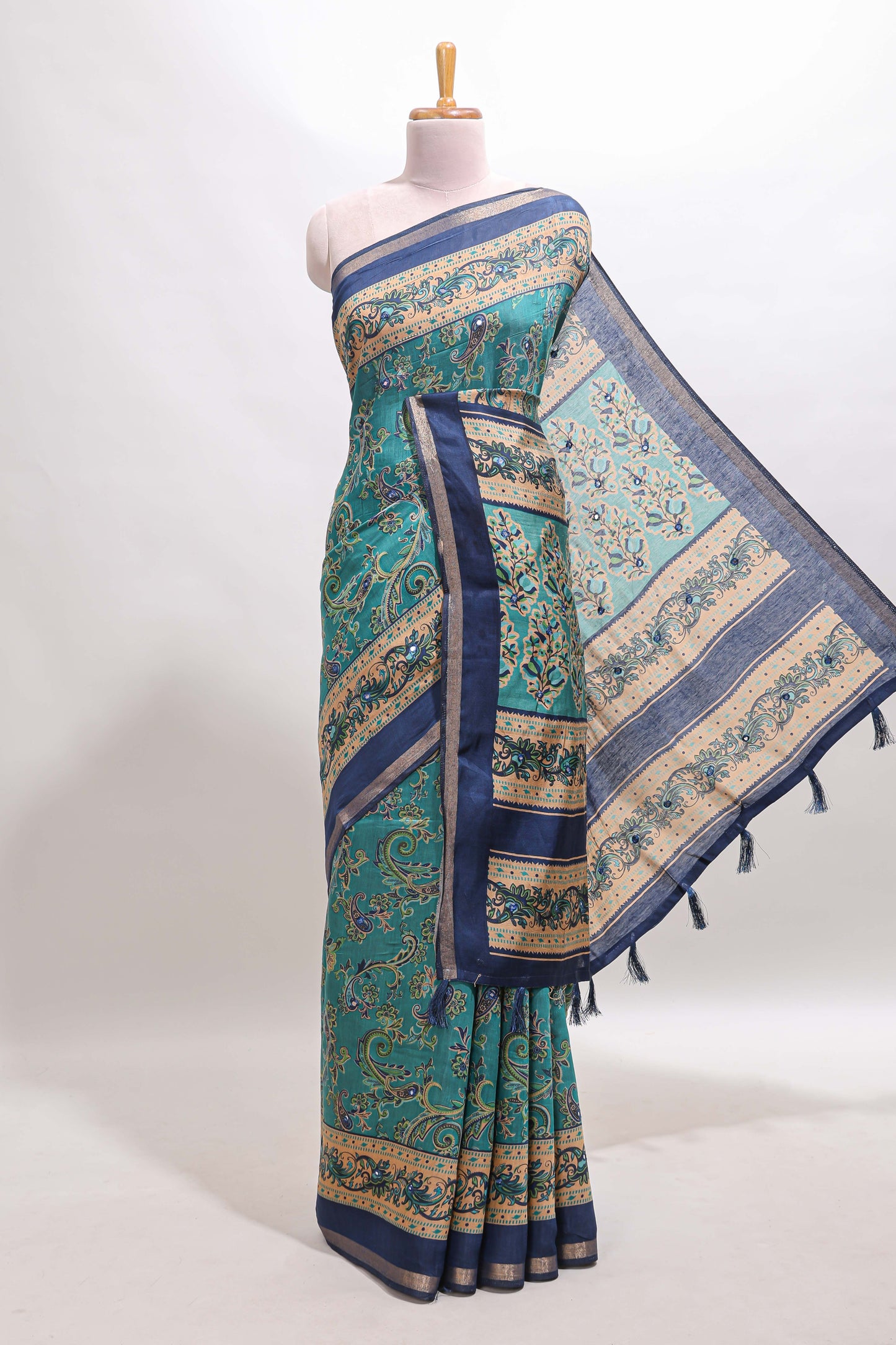 Peacock blue floral motifs design marsh mellow saree with contrast border and printed blouse