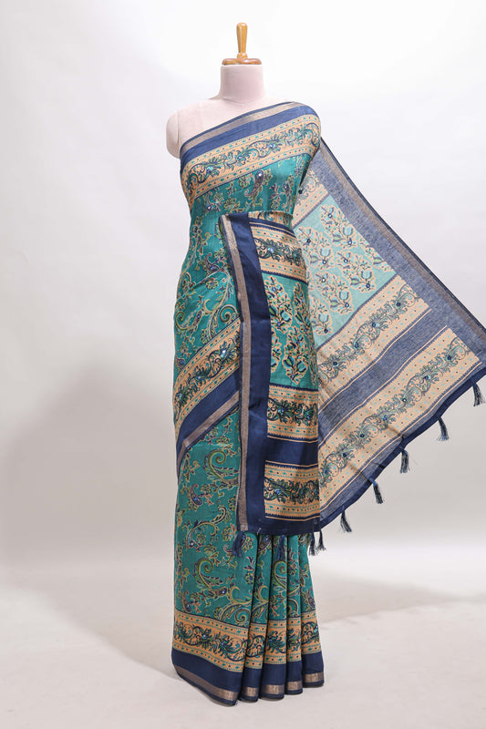 Peacock blue floral motifs design marsh mellow saree with contrast border and printed blouse