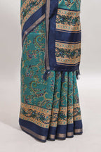 Peacock blue floral motifs design marsh mellow saree with contrast border and printed blouse