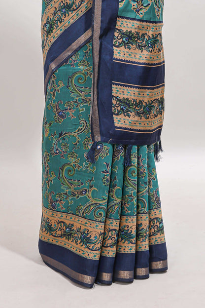 Peacock blue floral motifs design marsh mellow saree with contrast border and printed blouse